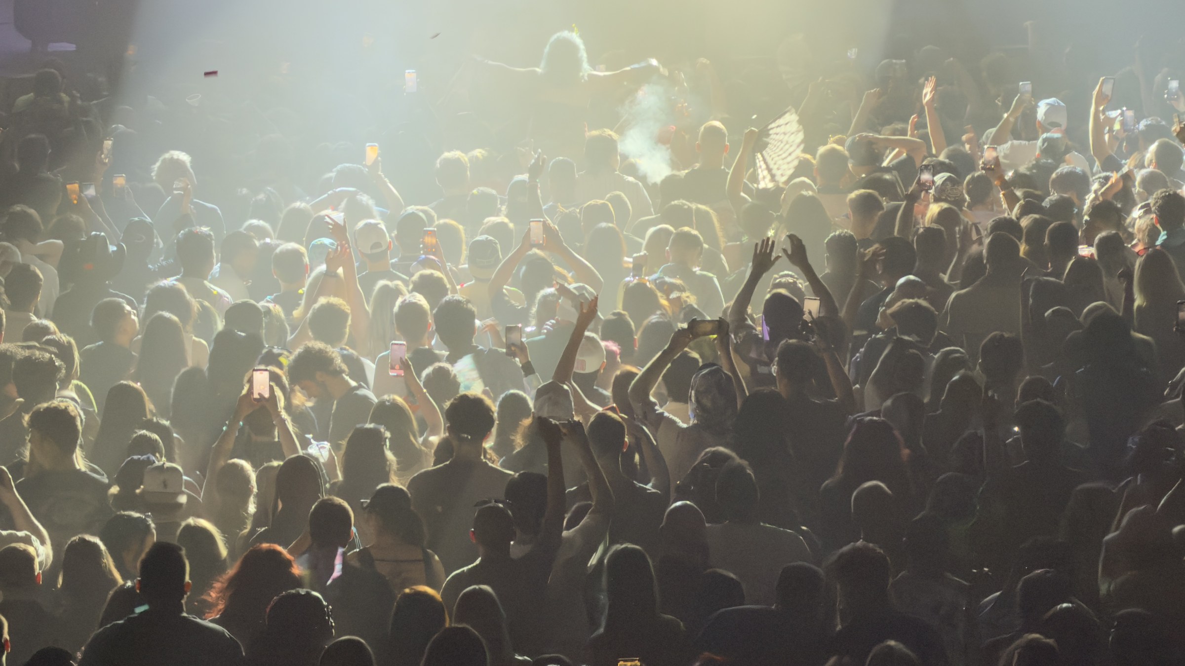 A concert crowd silhouetted beneath stage lights
